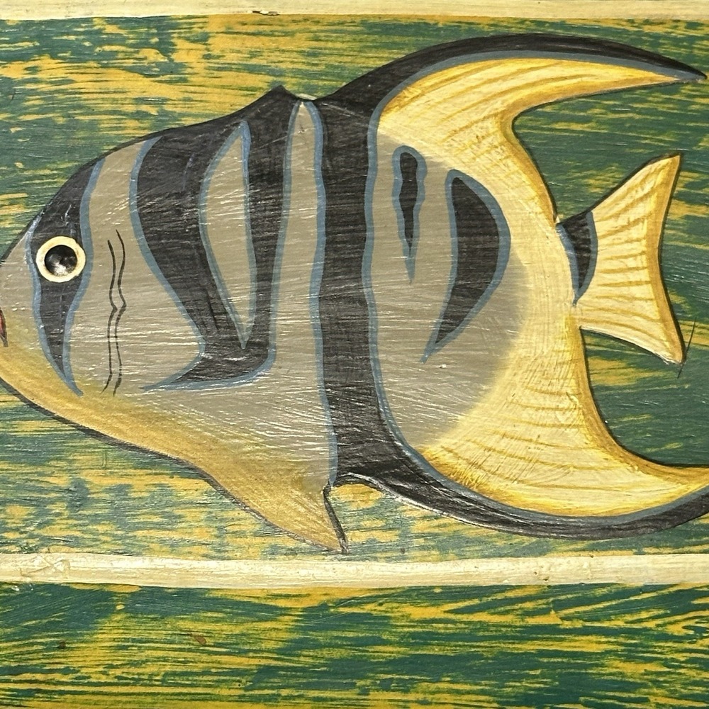 Vintage Hinged Wooden Box Hand Painted Fish Moon & Stars Green Colorful - Picture 3 of 14